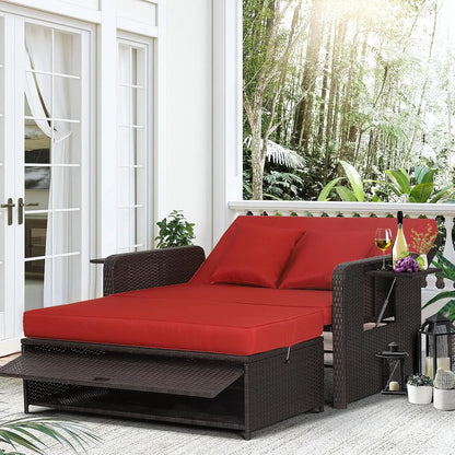 Wicker Loveseat Sofa Set with 4-Postion Adjustable Backrest, Storage Ottoman