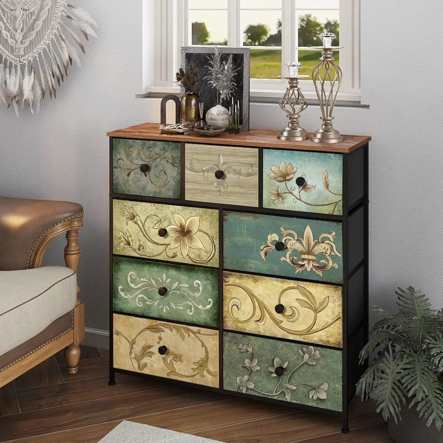 Floral Dresser with Wooden Top