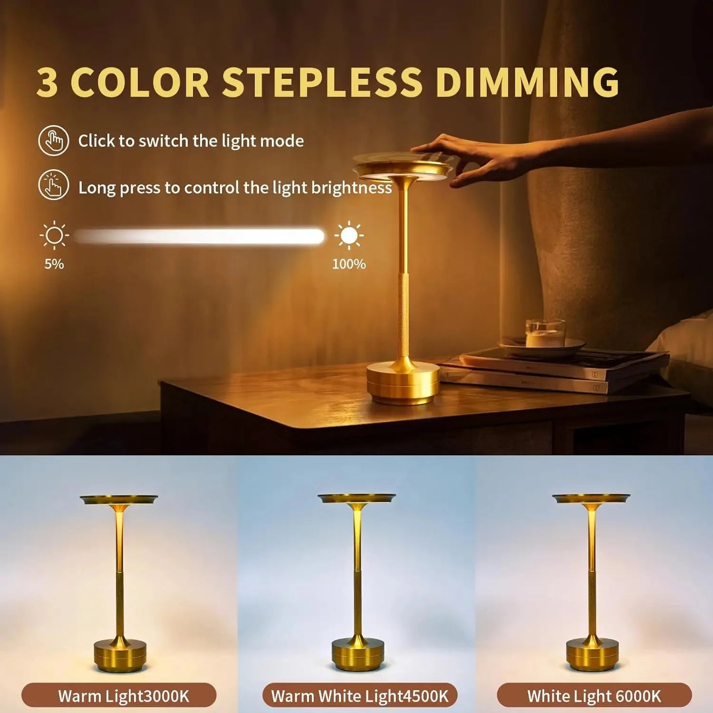 LED Desktop Lamp, Touch Dimming, Metal, USB Recharge