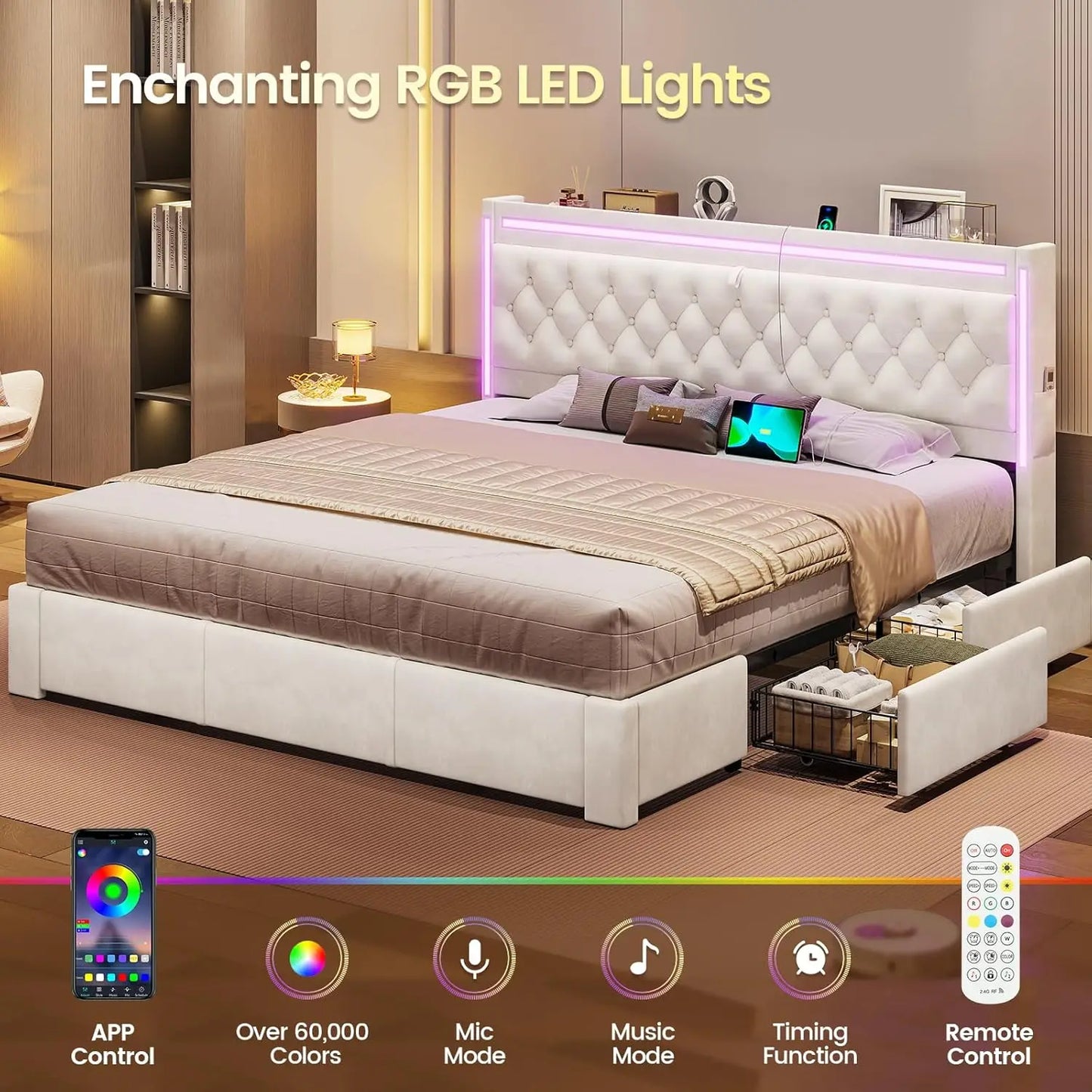 King Bed Frame with Drawers, Headboard, Charging Station