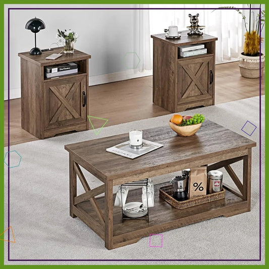 Farmhouse Coffee Table Set with Charging Station, USB Ports