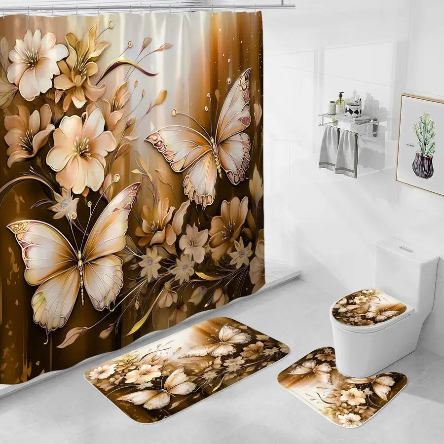 4 Pcs Brown Floral Butterfly Shower Curtain Set with Non Slip Rugs
