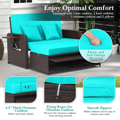 Wicker Loveseat Sofa Set with 4-Postion Adjustable Backrest, Storage Ottoman