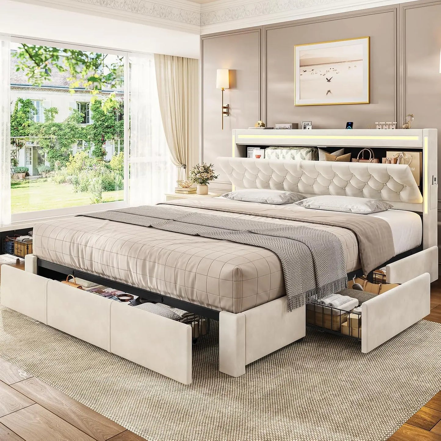 King Bed Frame with Drawers, Headboard, Charging Station