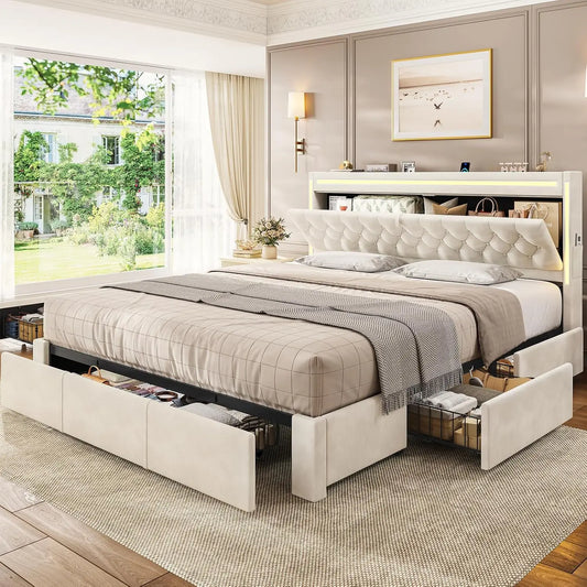 King Bed Frame with Drawers, Headboard, Charging Station