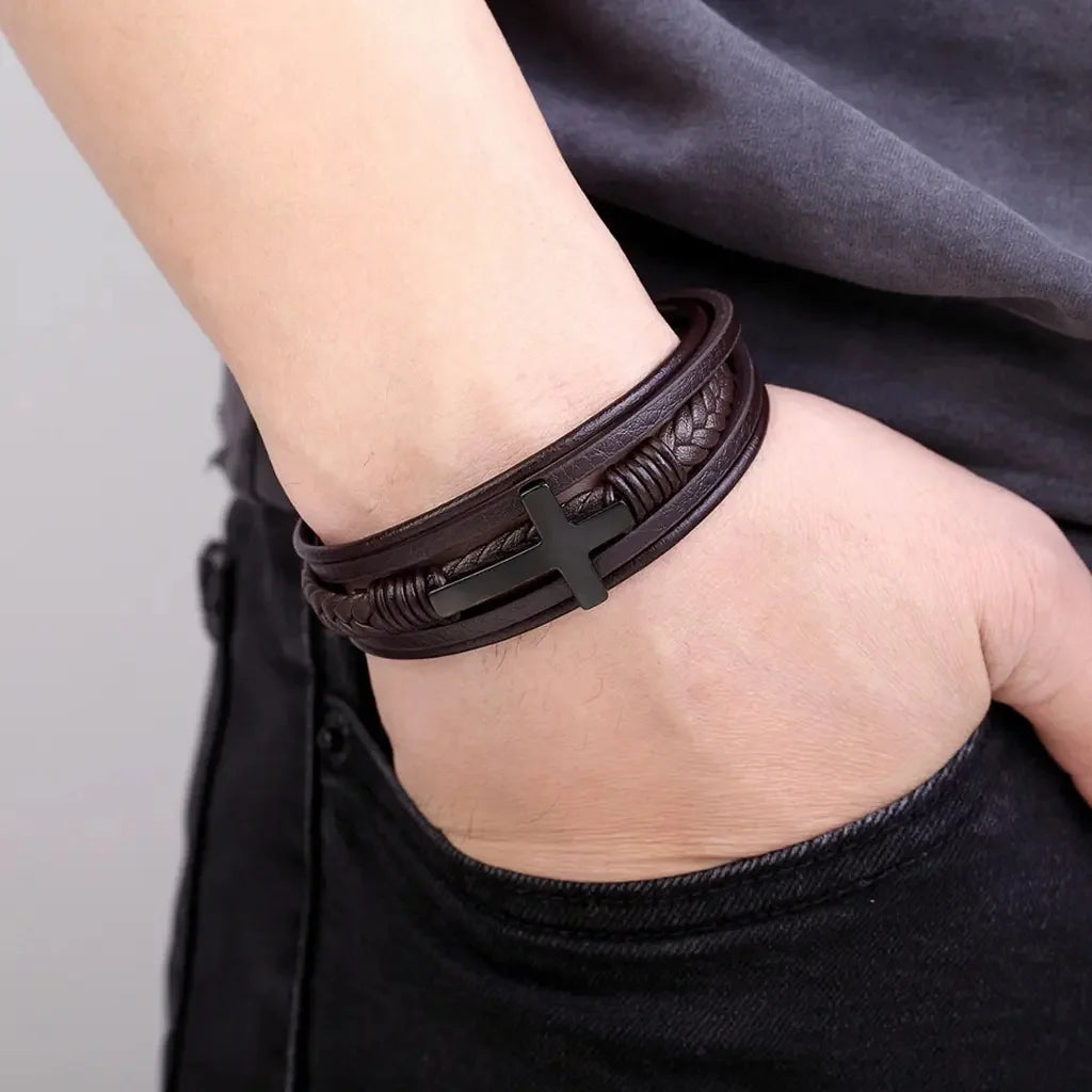 Cross Leather Bracelet for Men Women 316L Stainless Steel
