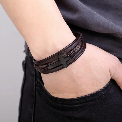Cross Leather Bracelet for Men Women 316L Stainless Steel