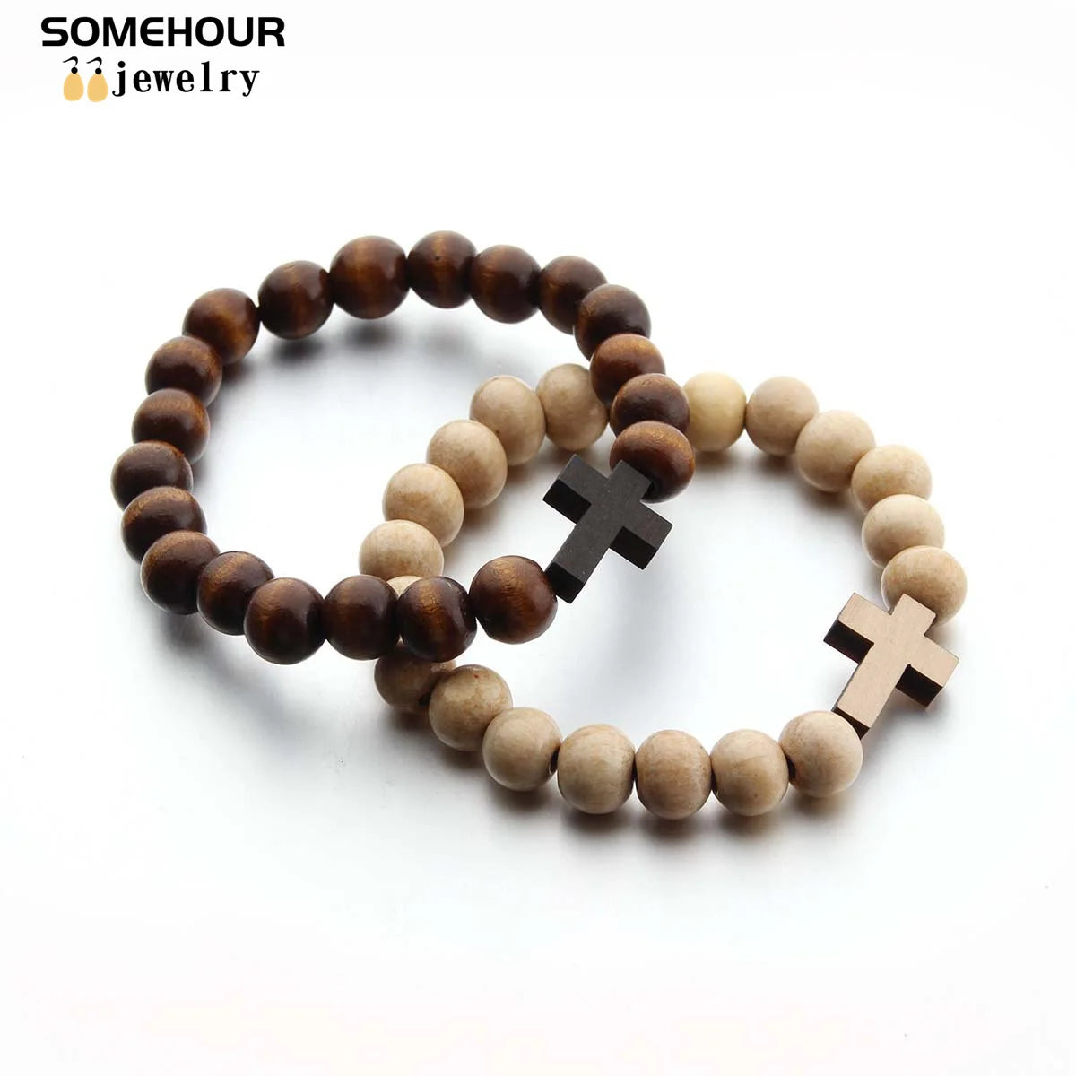 Vintage Cross Pendant and/or Bracelet 45cm Round Wood Beads