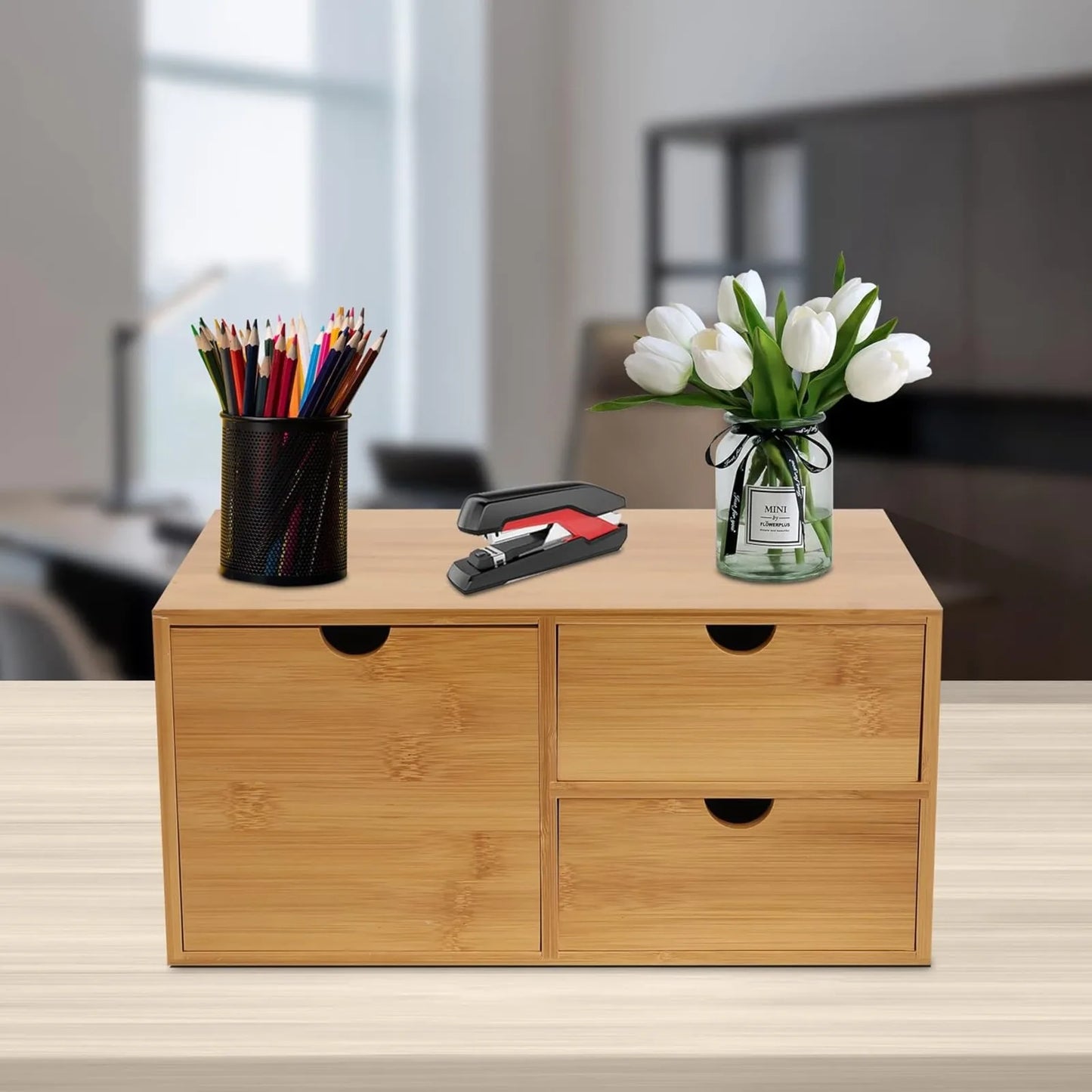 Bamboo Desk Organizer Drawers, Recess Handles