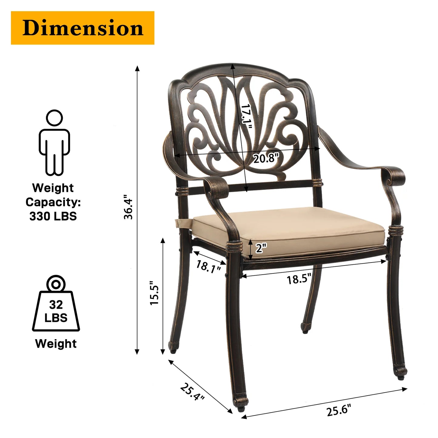 2 Cast Aluminum Patio Chairs with Cushions, Stackable