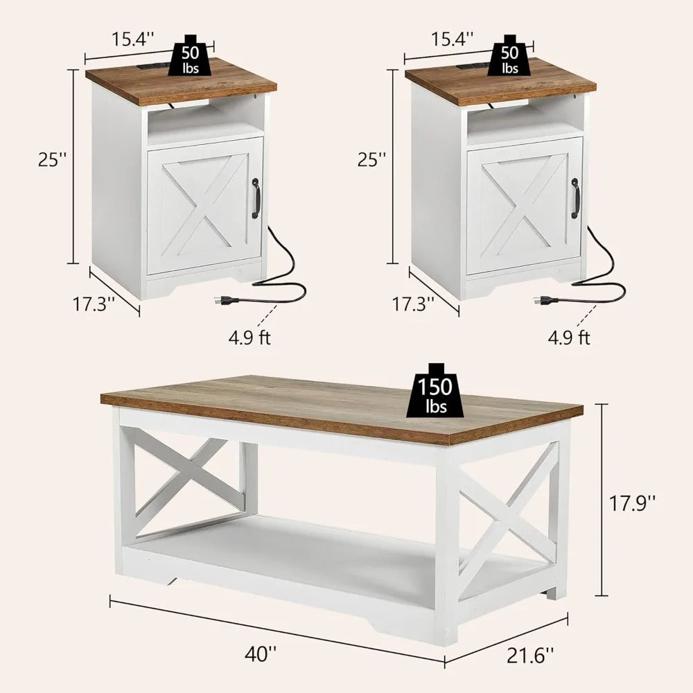 Farmhouse Coffee Table Set with Charging Station