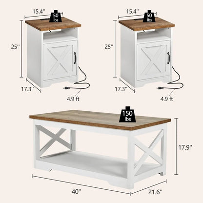 Farmhouse Coffee Table Set with Charging Station