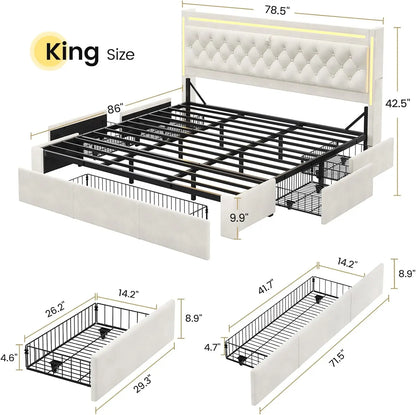 King Bed Frame with Drawers, Headboard, Charging Station