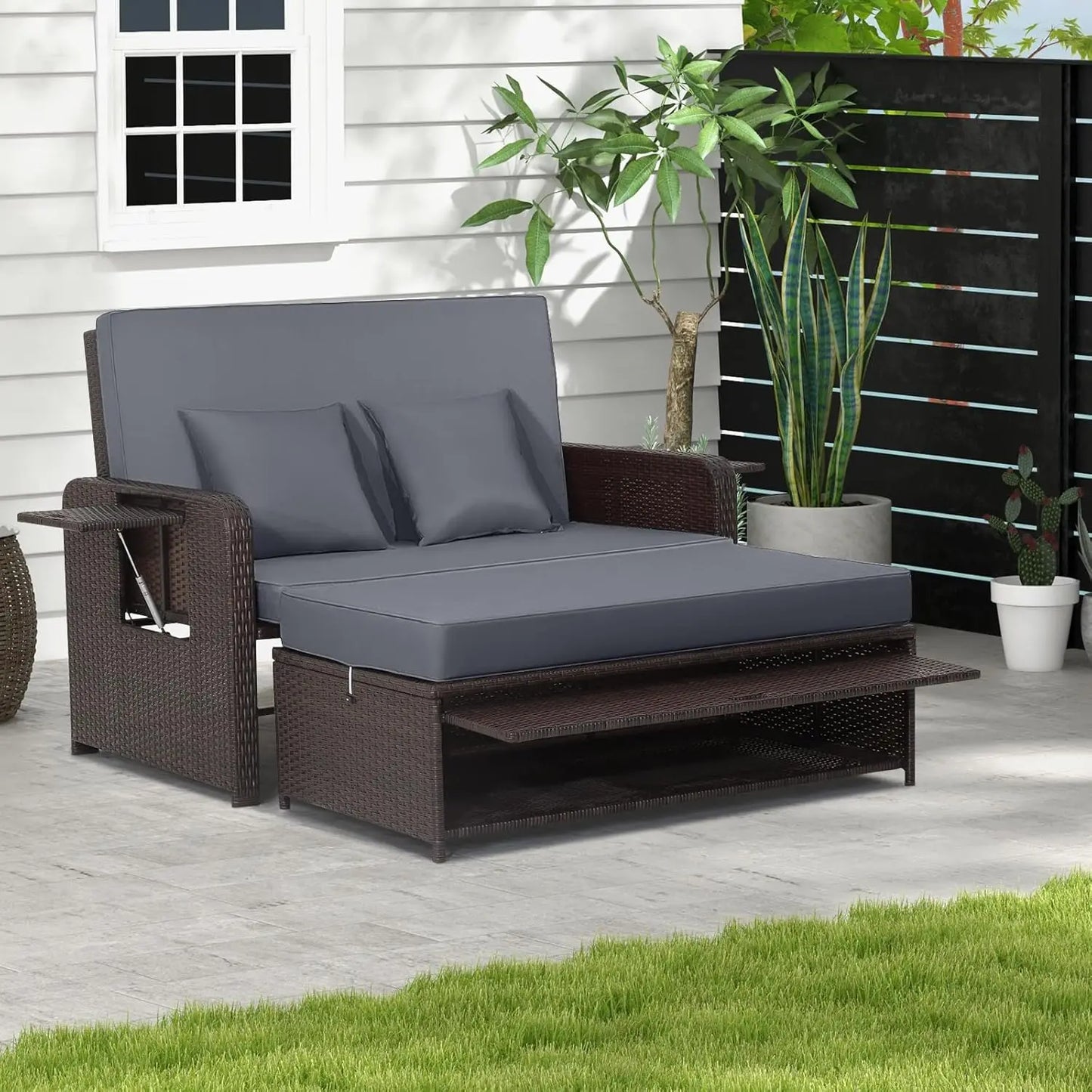 Wicker Loveseat Sofa Set with 4-Postion Adjustable Backrest, Storage Ottoman