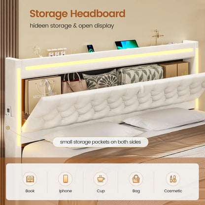 King Bed Frame with Drawers, Headboard, Charging Station