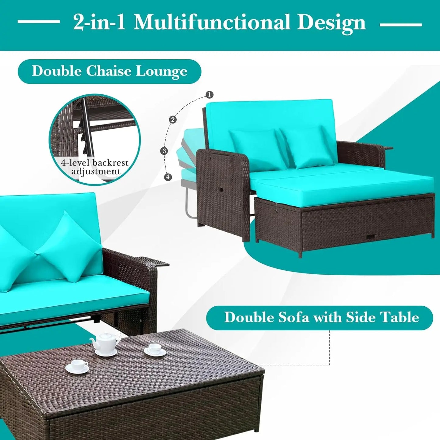 Wicker Loveseat Sofa Set with 4-Postion Adjustable Backrest, Storage Ottoman