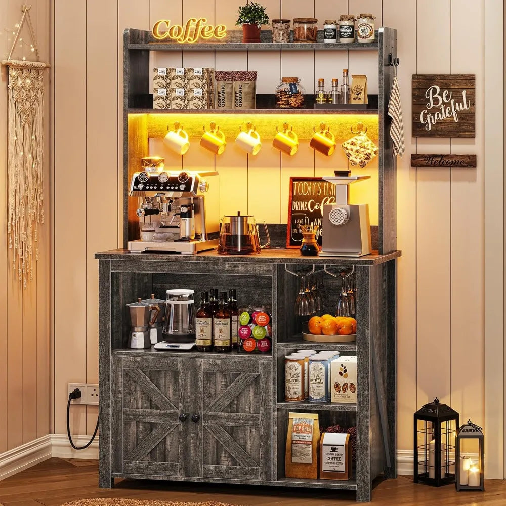 Kitchen Cabinet with Hutch, Power, LED Lights