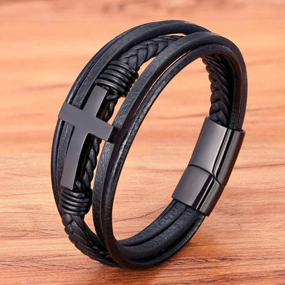 Cross Leather Bracelet for Men Women 316L Stainless Steel