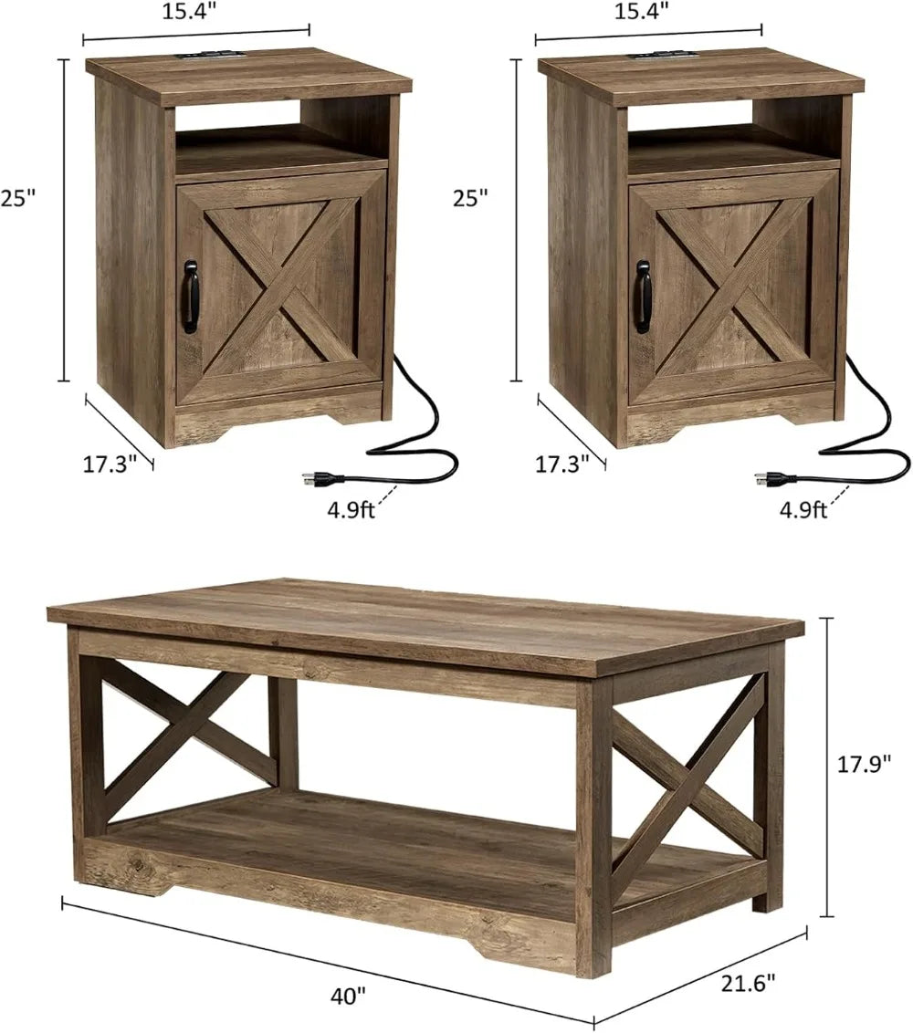Farmhouse Coffee Table Set with Charging Station, USB Ports