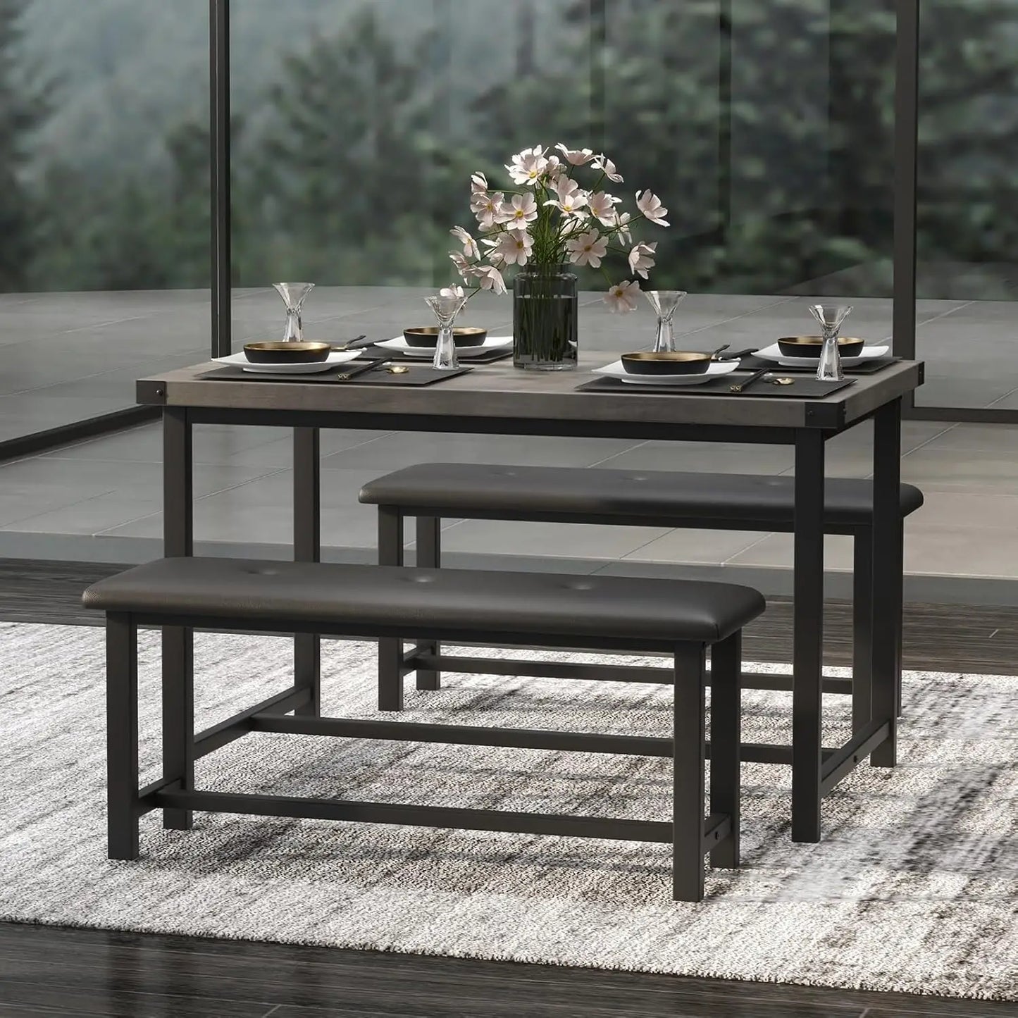 Space Saving Cozy Dining Table Set, Upholstered Benches
