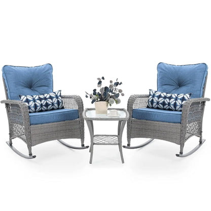 3 Piece Wicker Rocking Bistro Set Cushioned Side Table Backyard Porch Balcony Poolside 4in Thick, Customized